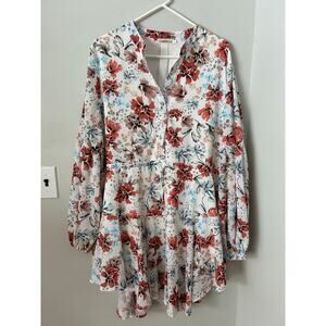 Clarisbelle Women's Long Sleeves Button up Tie Waist Floral Chiffon Dress 2XL